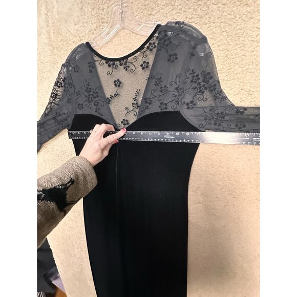 Vtg Y2K Black Velvet Maxi Dress Mesh Bodice Sleeve Whimsigoth Y2K Vampire Floral - Picture 11 of 16